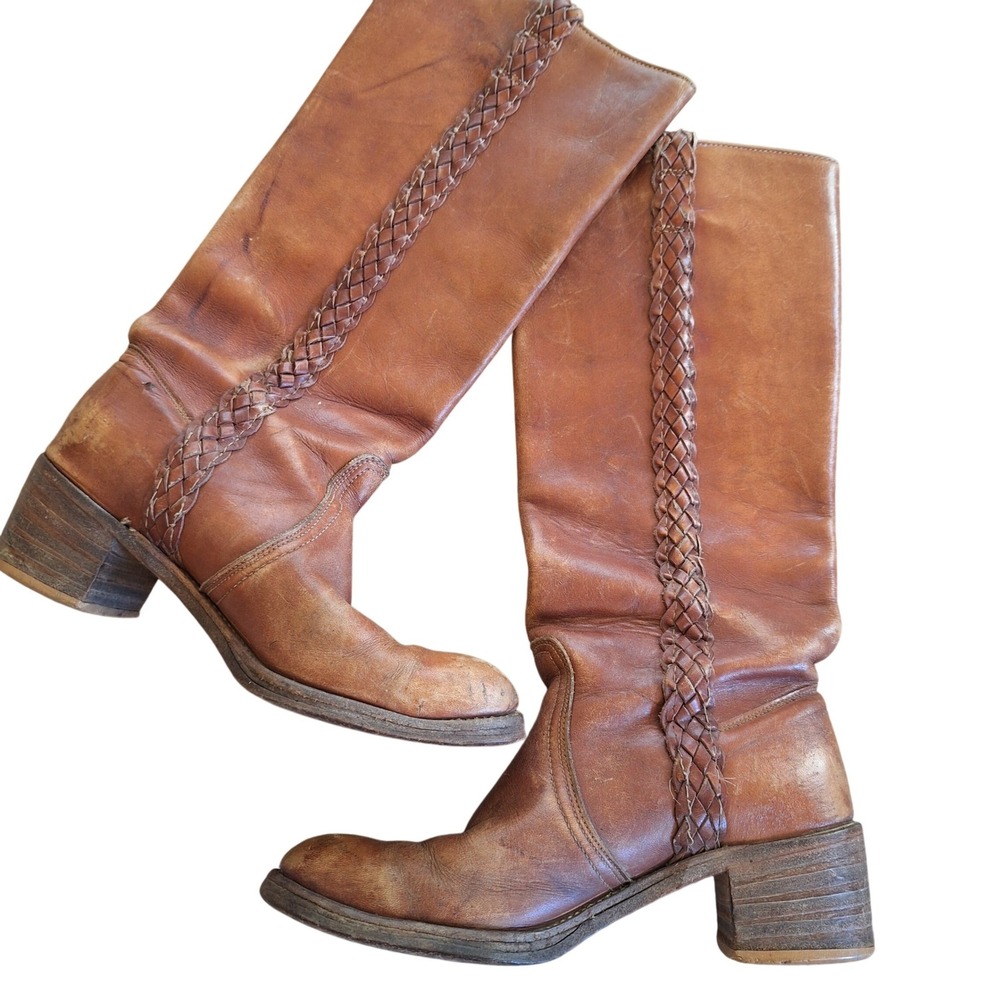 Acme Vintage 60s Heeled Knee‎ High Braided Leather Campus Western Boots Womens 9